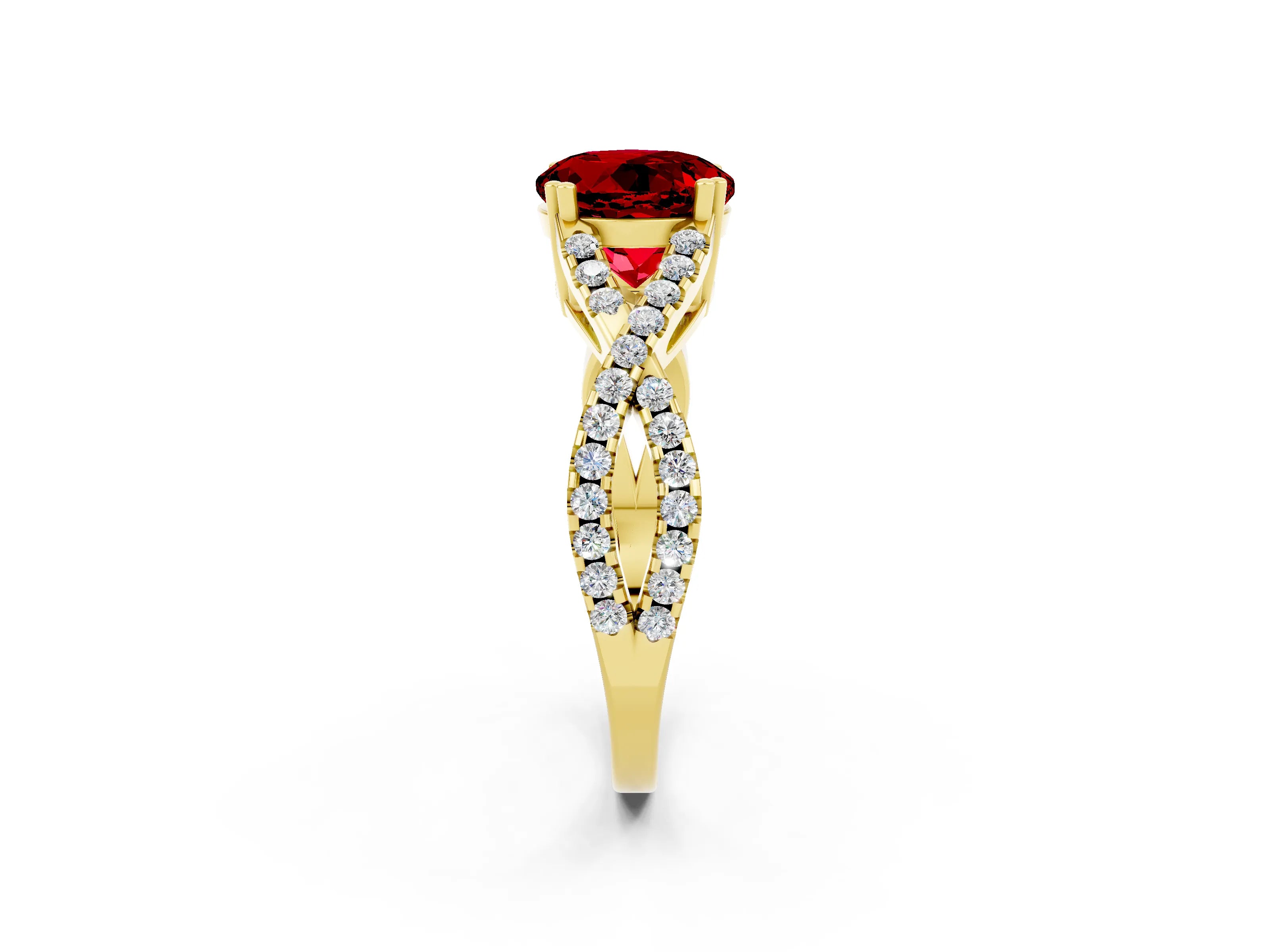 Yellow gold Round Cut Ruby Solitaire Ring with Four-Prong Setting and Twisted Pavé Band_2