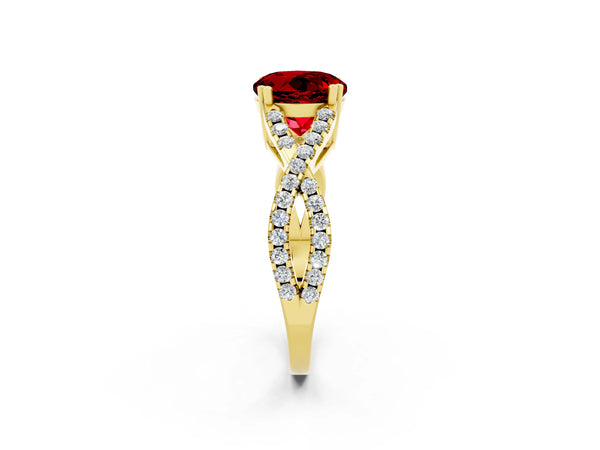 Yellow gold Round Cut Ruby Solitaire Ring with Four-Prong Setting and Twisted Pavé Band