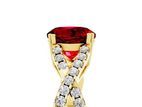 Yellow gold Round Cut Ruby Solitaire Ring with Four-Prong Setting and Twisted Pavé Band_5