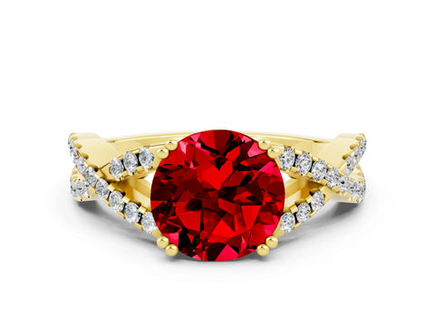 Yellow gold Round Cut Ruby Solitaire Ring with Four-Prong Setting and Twisted Pavé Band