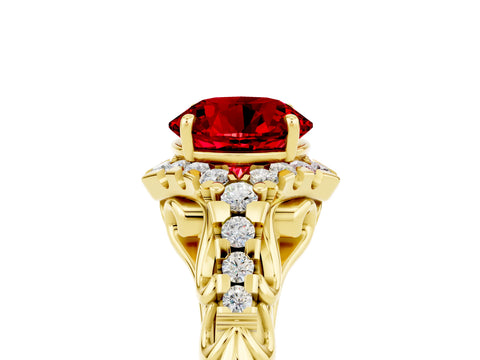 Yellow gold Round Cut Ruby Solitaire Ring with Hidden Halo and Pavé Band_37