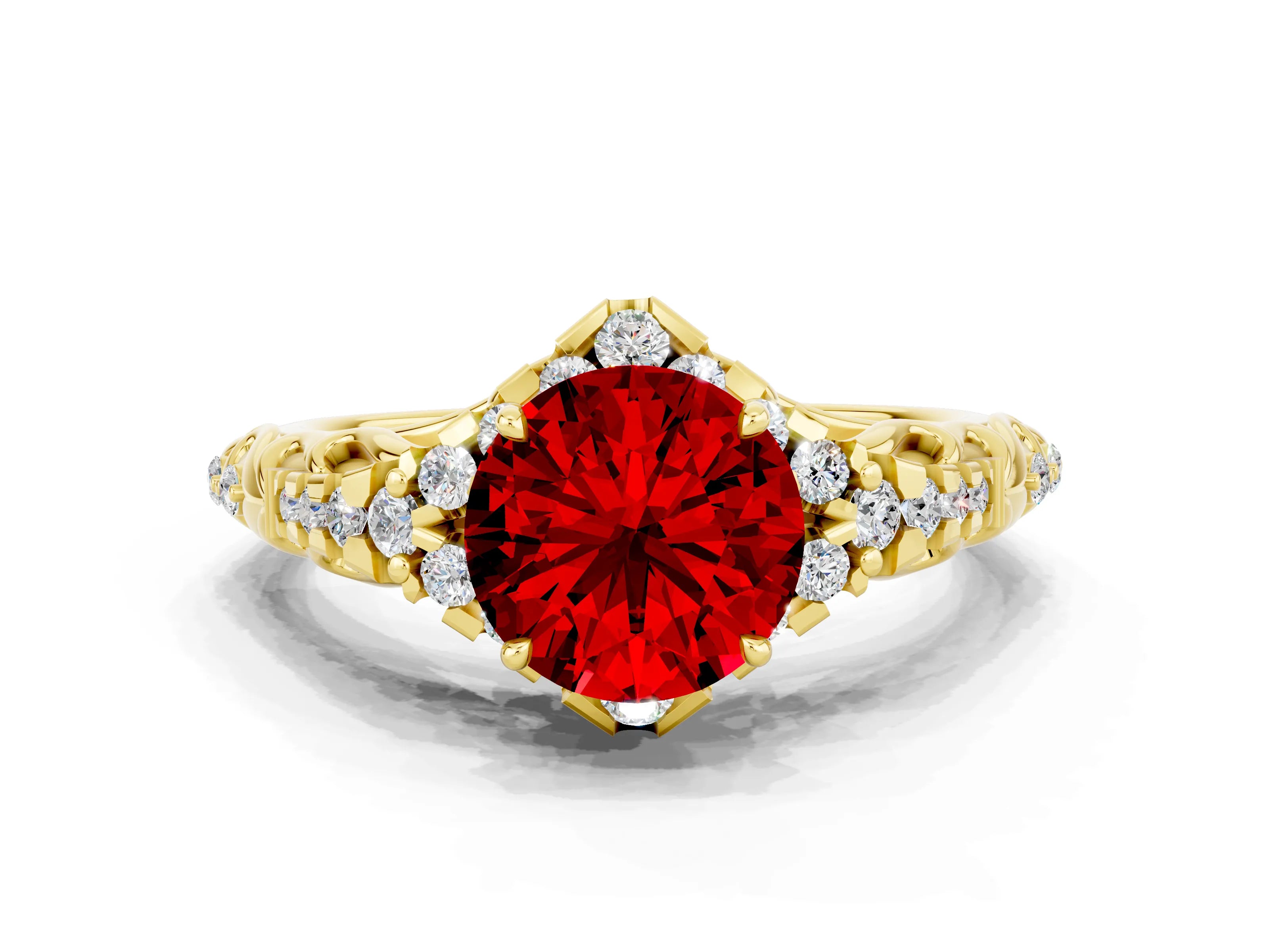 Yellow gold Round Cut Ruby Solitaire Ring with Hidden Halo and Pavé Band_42