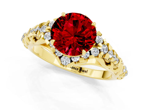 Yellow gold Round Cut Ruby Solitaire Ring with Hidden Halo and Pavé Band_43
