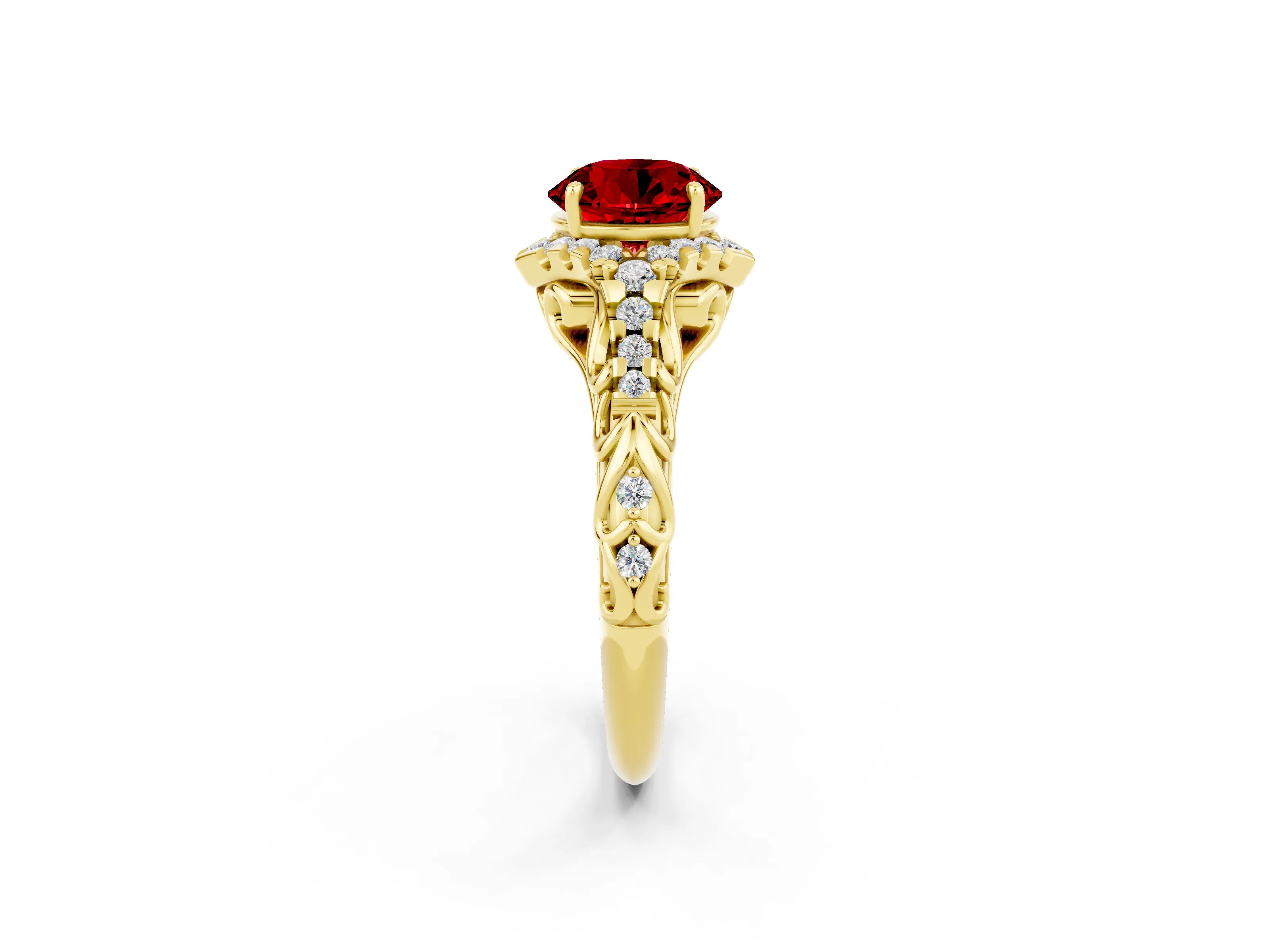 Yellow gold Round Cut Ruby Solitaire Ring with Hidden Halo and Pavé Band_44