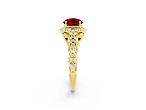 Yellow gold Round Cut Ruby Solitaire Ring with Hidden Halo and Pavé Band_44