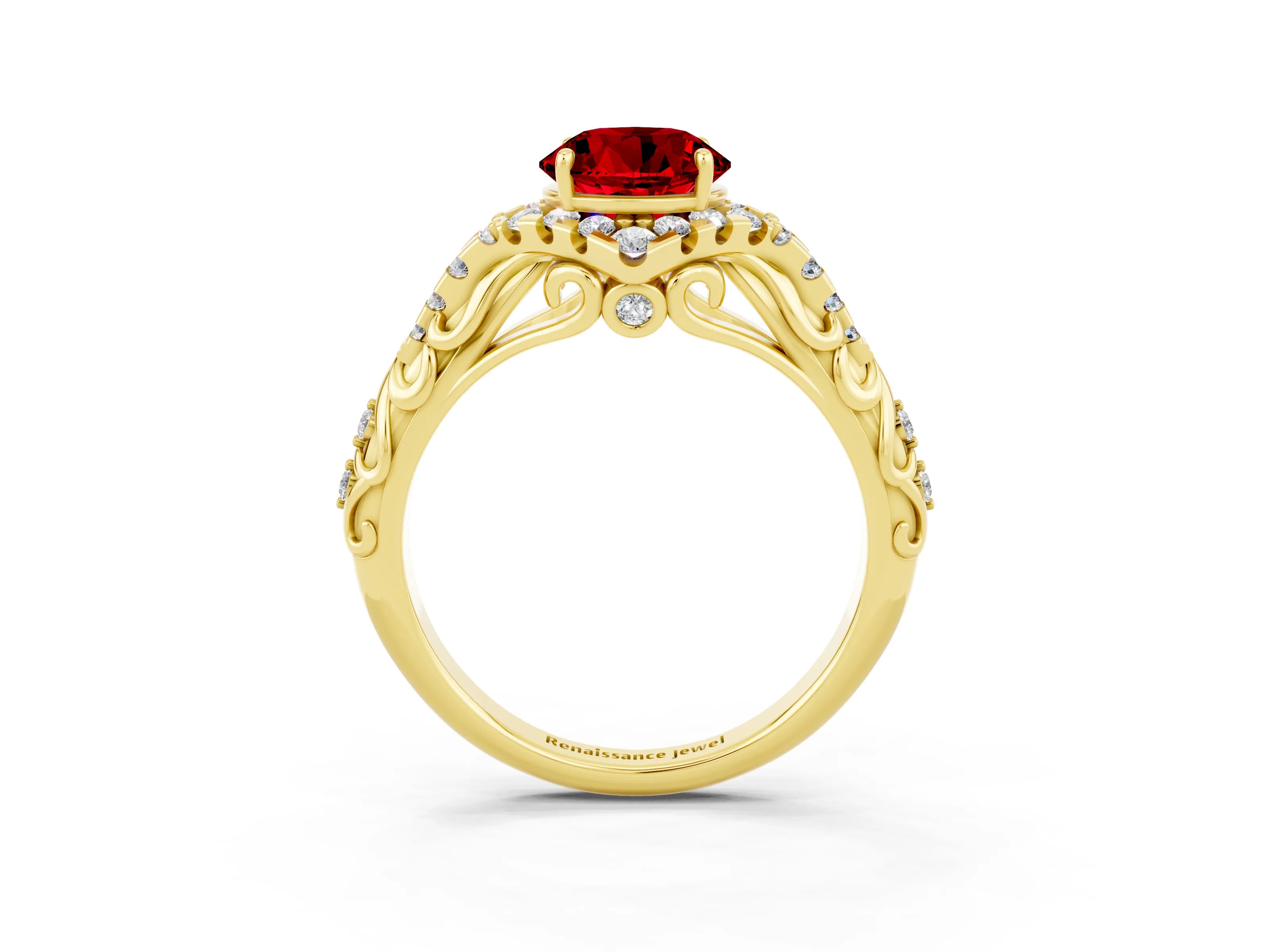 Yellow gold Round Cut Ruby Solitaire Ring with Hidden Halo and Pavé Band_45