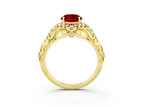 Yellow gold Round Cut Ruby Solitaire Ring with Hidden Halo and Pavé Band_45