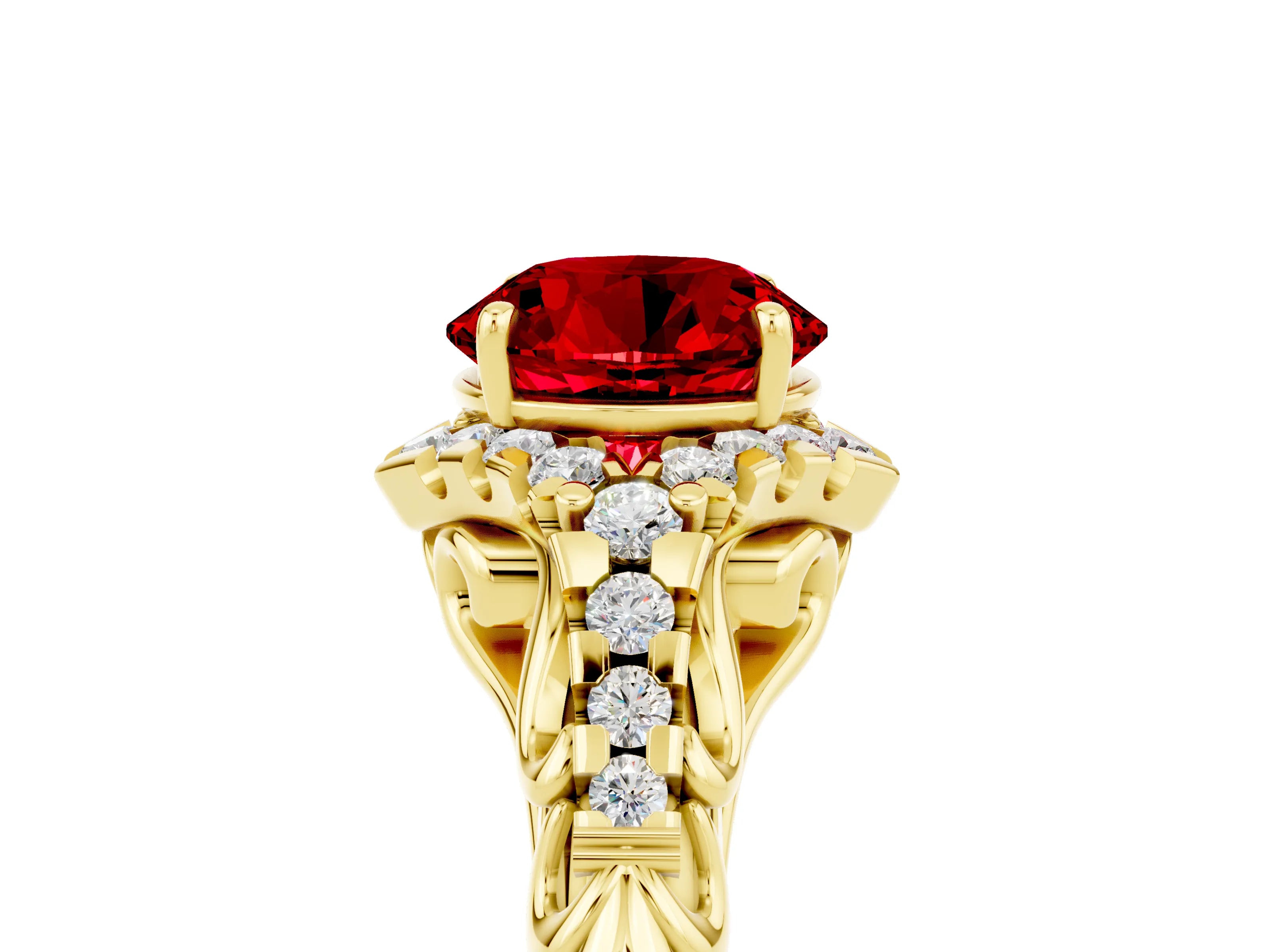 Yellow gold Round Cut Ruby Solitaire Ring with Hidden Halo and Pavé Band_47