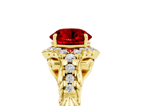 Yellow gold Round Cut Ruby Solitaire Ring with Hidden Halo and Pavé Band_47