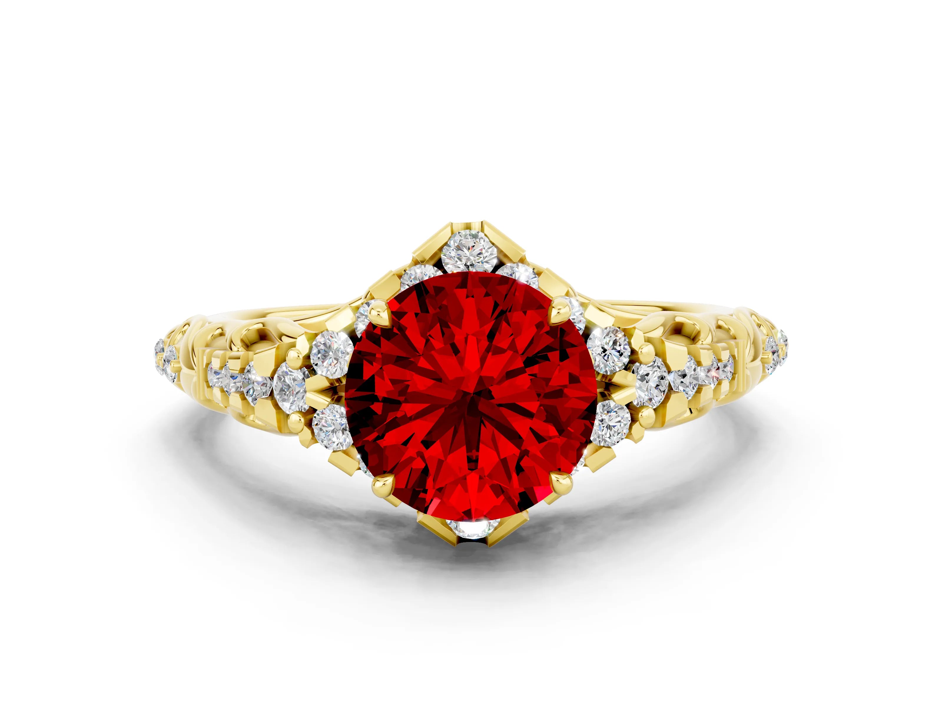 Yellow gold Round Cut Ruby Solitaire Ring with Hidden Halo and Pavé Band_56
