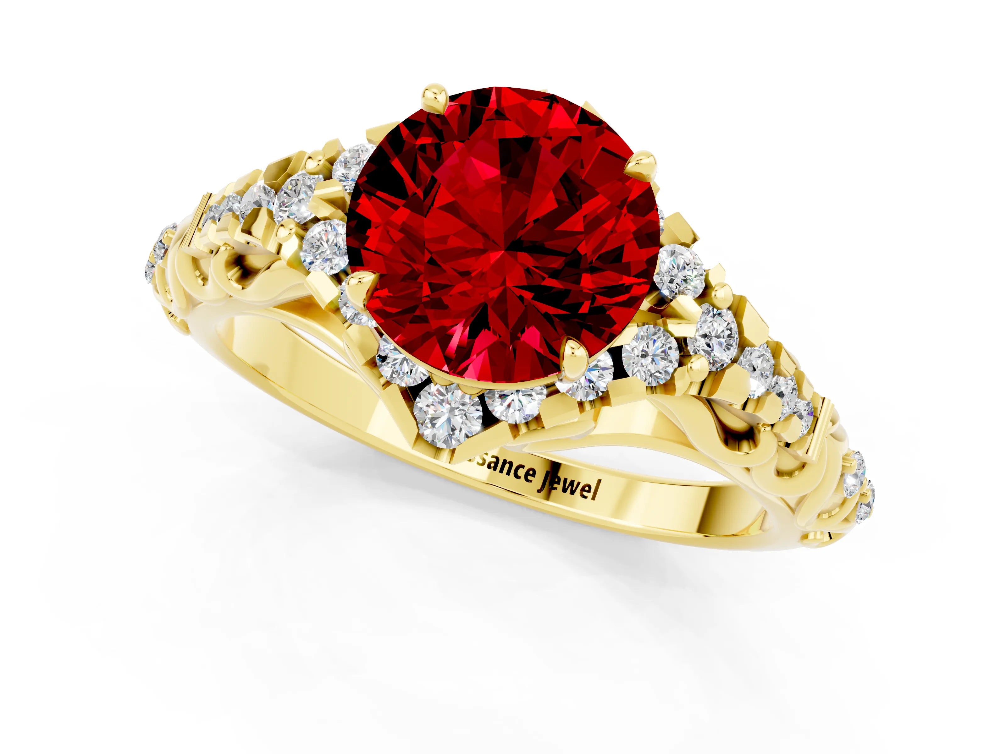Yellow gold Round Cut Ruby Solitaire Ring with Hidden Halo and Pavé Band_57