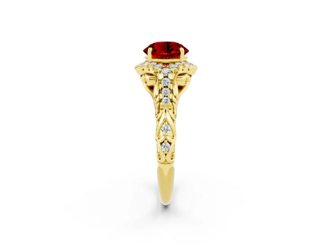 Yellow gold Round Cut Ruby Solitaire Ring with Hidden Halo and Pavé Band_58