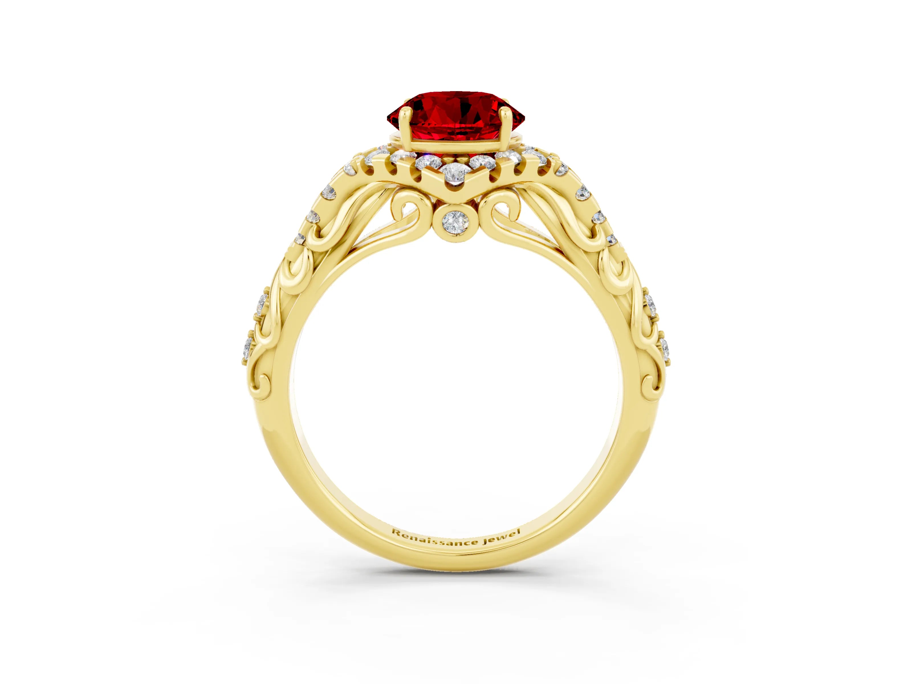 Yellow gold Round Cut Ruby Solitaire Ring with Hidden Halo and Pavé Band_59