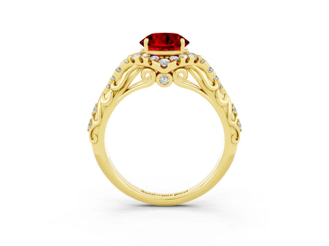 Yellow gold Round Cut Ruby Solitaire Ring with Hidden Halo and Pavé Band_59