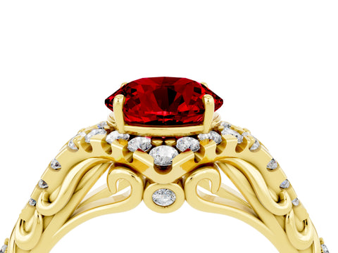 Yellow gold Round Cut Ruby Solitaire Ring with Hidden Halo and Pavé Band_60