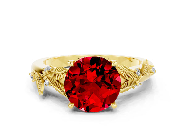 Yellow gold Round Cut Ruby Solitaire Ring with Leaf Motif Band and Four-Prong Setting