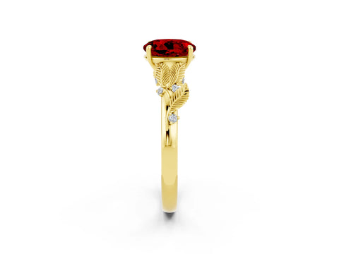 Yellow gold Round Cut Ruby Solitaire Ring with Leaf Motif Band and Four-Prong Setting_2
