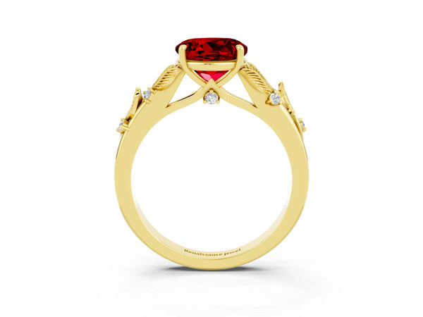 Yellow gold Round Cut Ruby Solitaire Ring with Leaf Motif Band and Four-Prong Setting