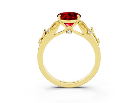 Yellow gold Round Cut Ruby Solitaire Ring with Leaf Motif Band and Four-Prong Setting_3