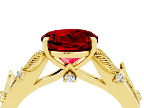 Yellow gold Round Cut Ruby Solitaire Ring with Leaf Motif Band and Four-Prong Setting_4