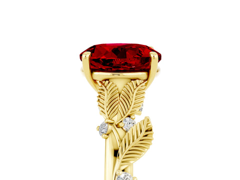Yellow gold Round Cut Ruby Solitaire Ring with Leaf Motif Band and Four-Prong Setting_5