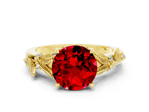 Yellow gold Round Cut Ruby Solitaire Ring with Leaf Motif Band and Four-Prong Setting