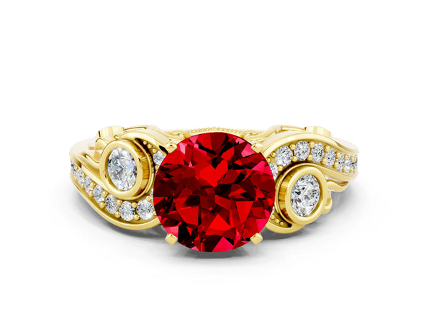 Yellow gold Round Cut Ruby Solitaire Ring with Milgrain Pavé Band and Four-Prong Setting