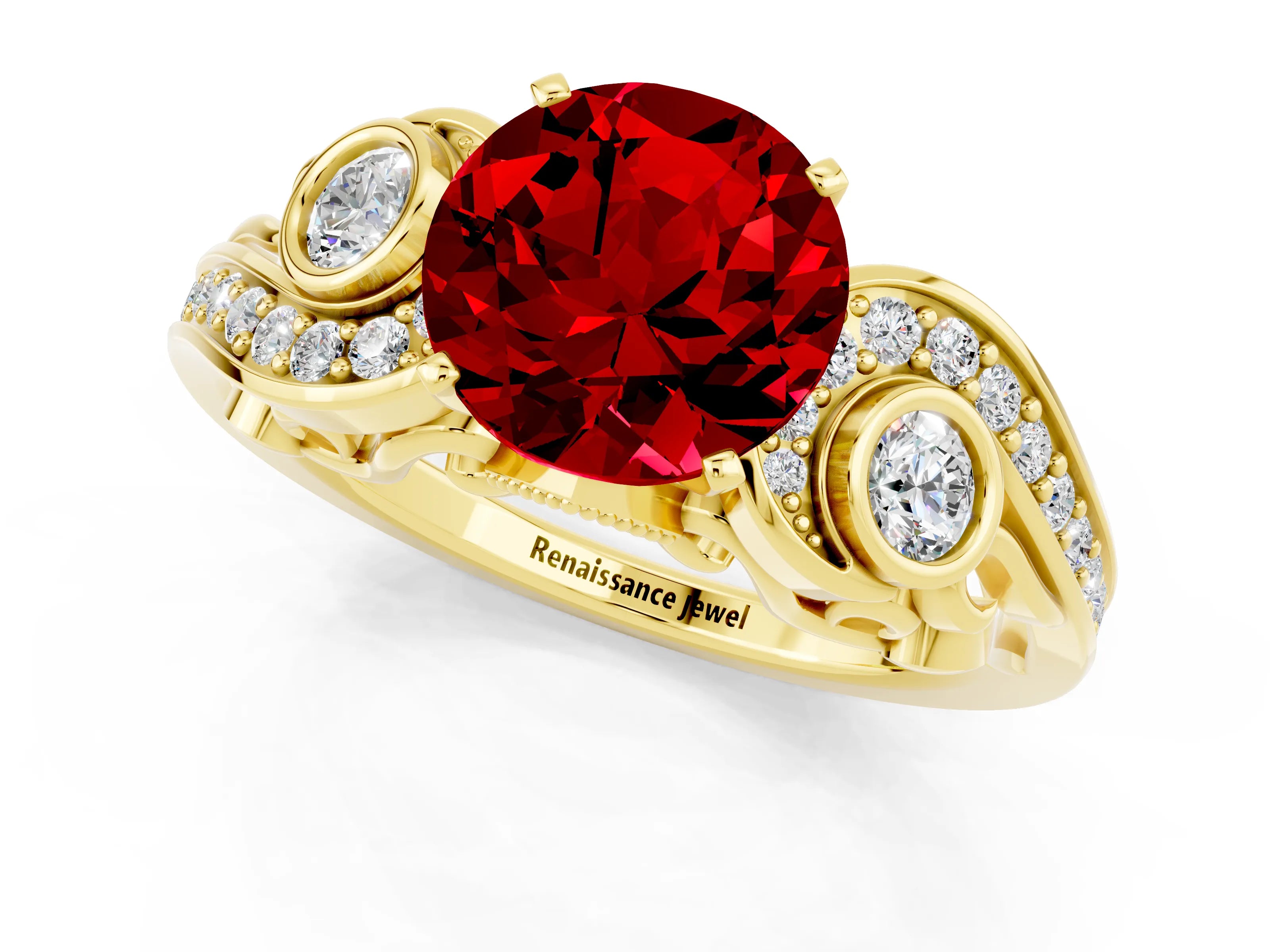 Yellow gold Round Cut Ruby Solitaire Ring with Milgrain Pavé Band and Four-Prong Setting_25