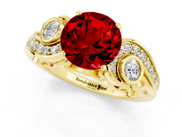 Yellow gold Round Cut Ruby Solitaire Ring with Milgrain Pavé Band and Four-Prong Setting