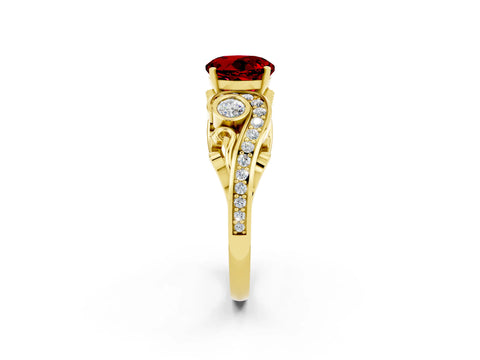 Yellow gold Round Cut Ruby Solitaire Ring with Milgrain Pavé Band and Four-Prong Setting_26