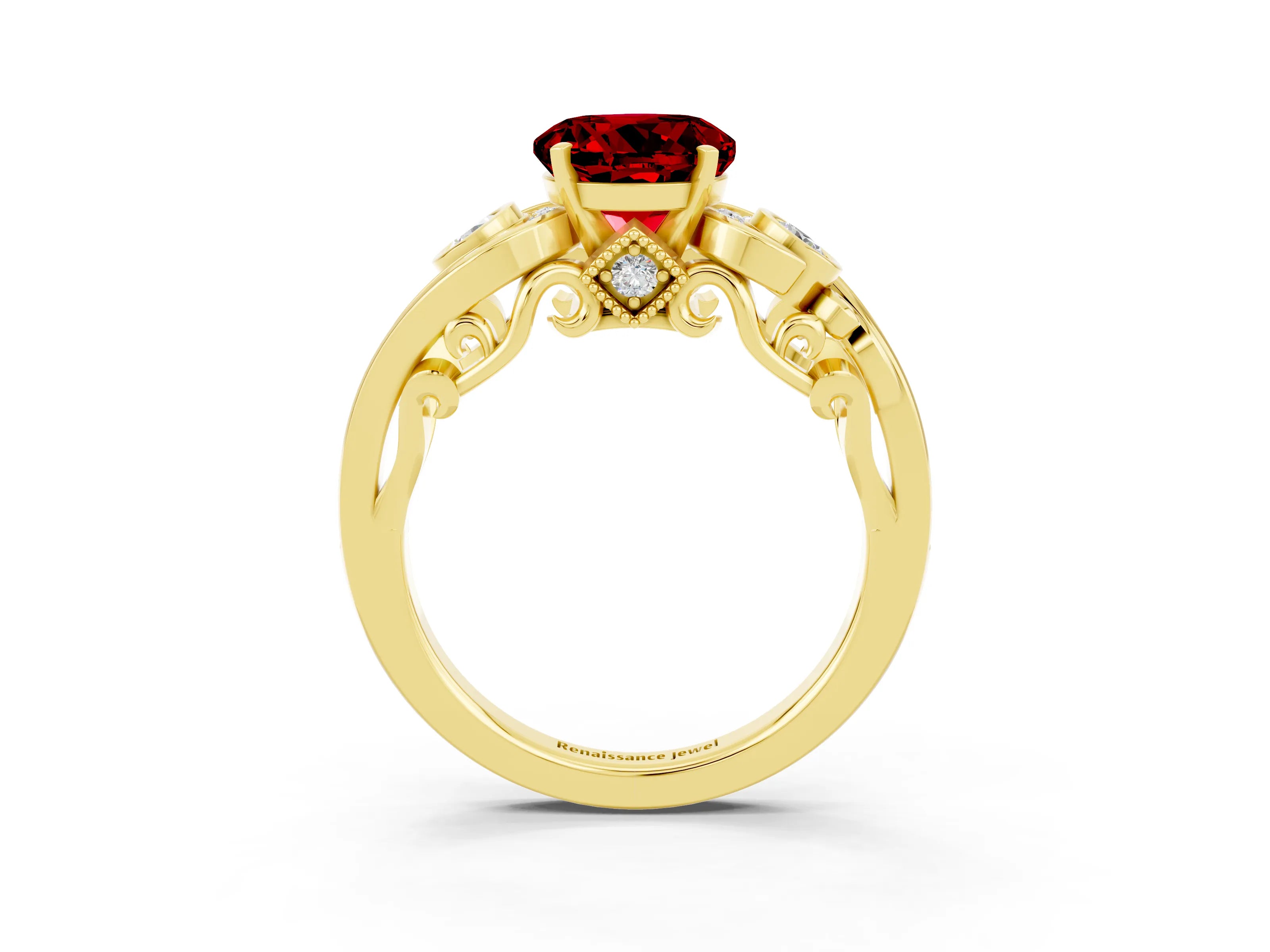 Yellow gold Round Cut Ruby Solitaire Ring with Milgrain Pavé Band and Four-Prong Setting_27