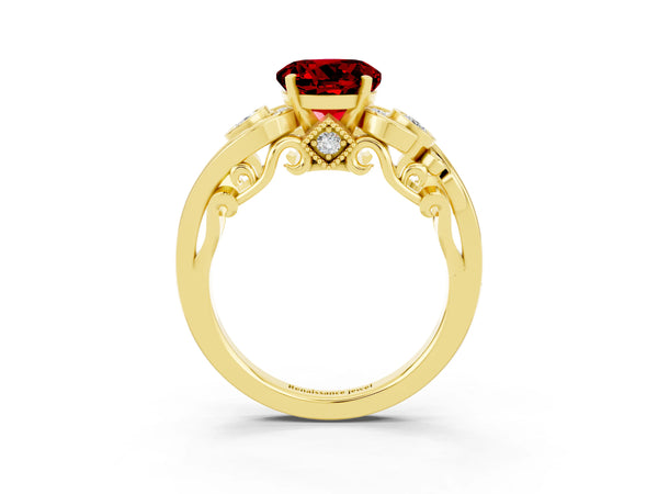 Yellow gold Round Cut Ruby Solitaire Ring with Milgrain Pavé Band and Four-Prong Setting