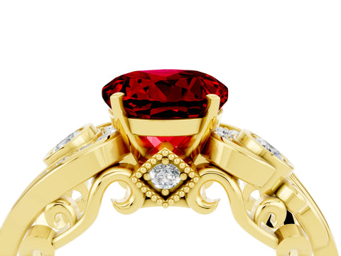 Yellow gold Round Cut Ruby Solitaire Ring with Milgrain Pavé Band and Four-Prong Setting_28