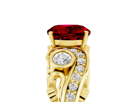 Yellow gold Round Cut Ruby Solitaire Ring with Milgrain Pavé Band and Four-Prong Setting_29