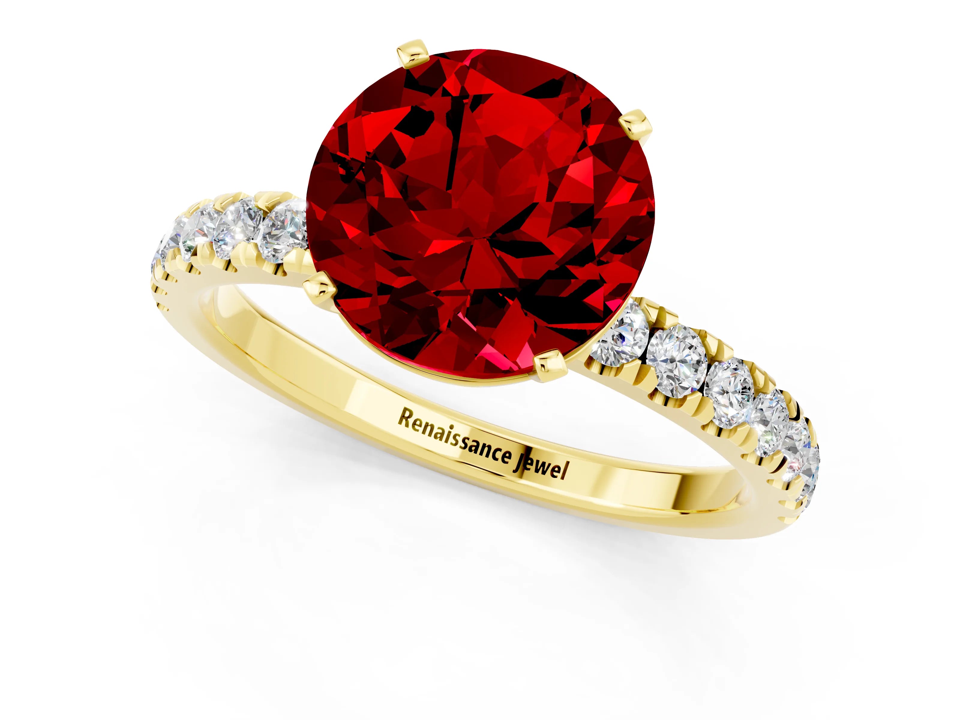 Yellow gold Round Cut Ruby Solitaire Ring with Pavé Accents and Four-Prong Setting_1