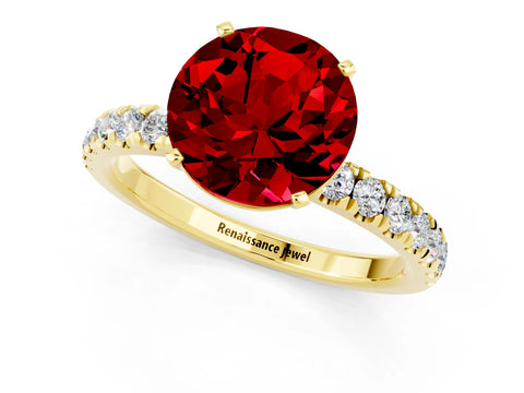 Yellow gold Round Cut Ruby Solitaire Ring with Pavé Accents and Four-Prong Setting_1