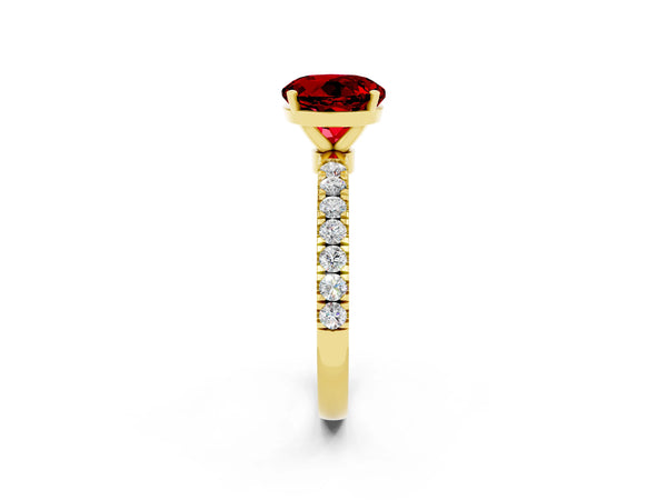 Yellow gold Round Cut Ruby Solitaire Ring with Pavé Accents and Four-Prong Setting