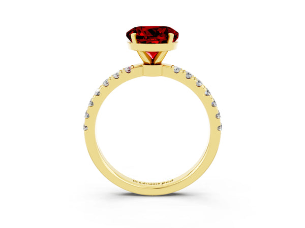 Yellow gold Round Cut Ruby Solitaire Ring with Pavé Accents and Four-Prong Setting