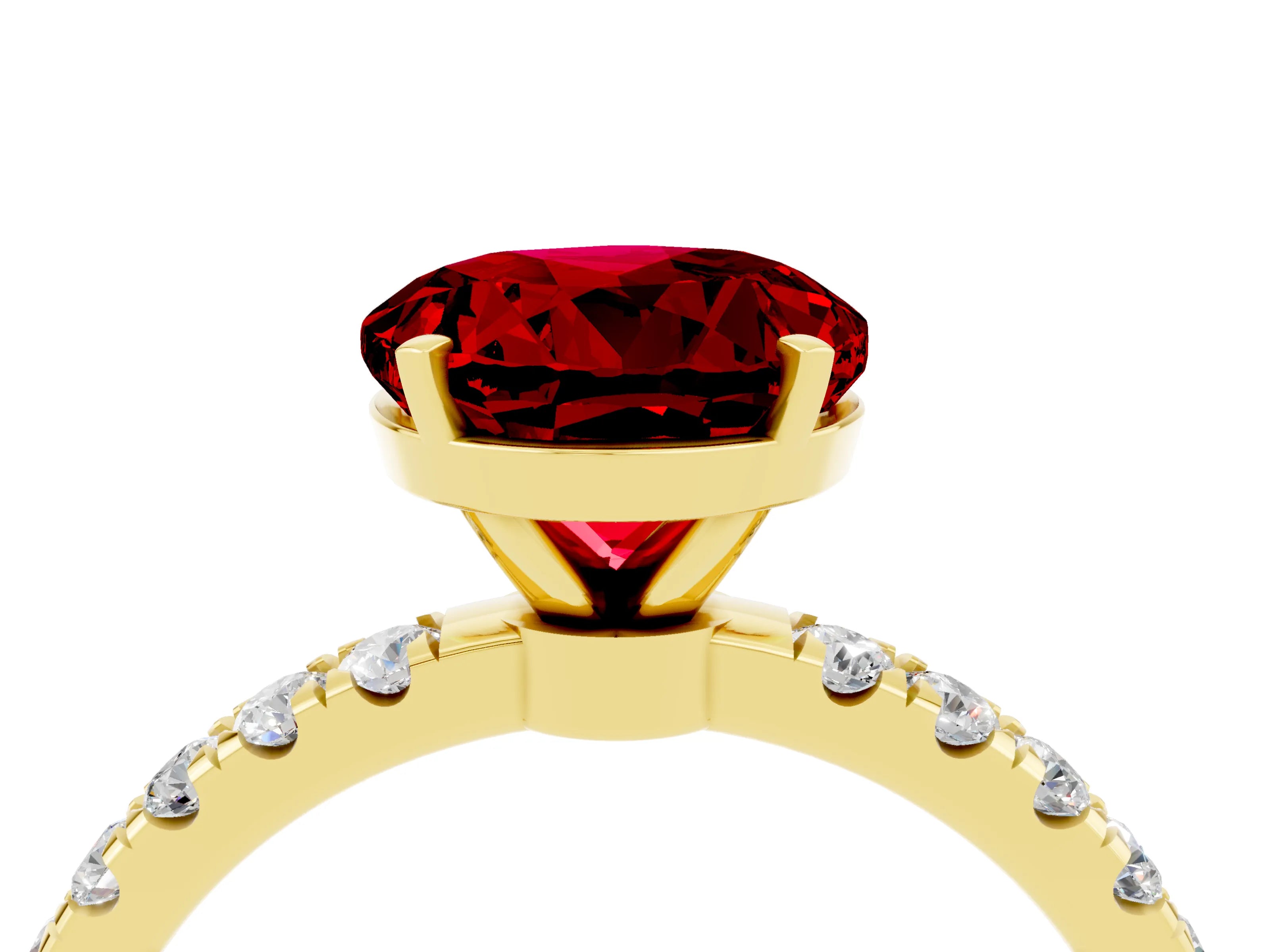 Yellow gold Round Cut Ruby Solitaire Ring with Pavé Accents and Four-Prong Setting_4
