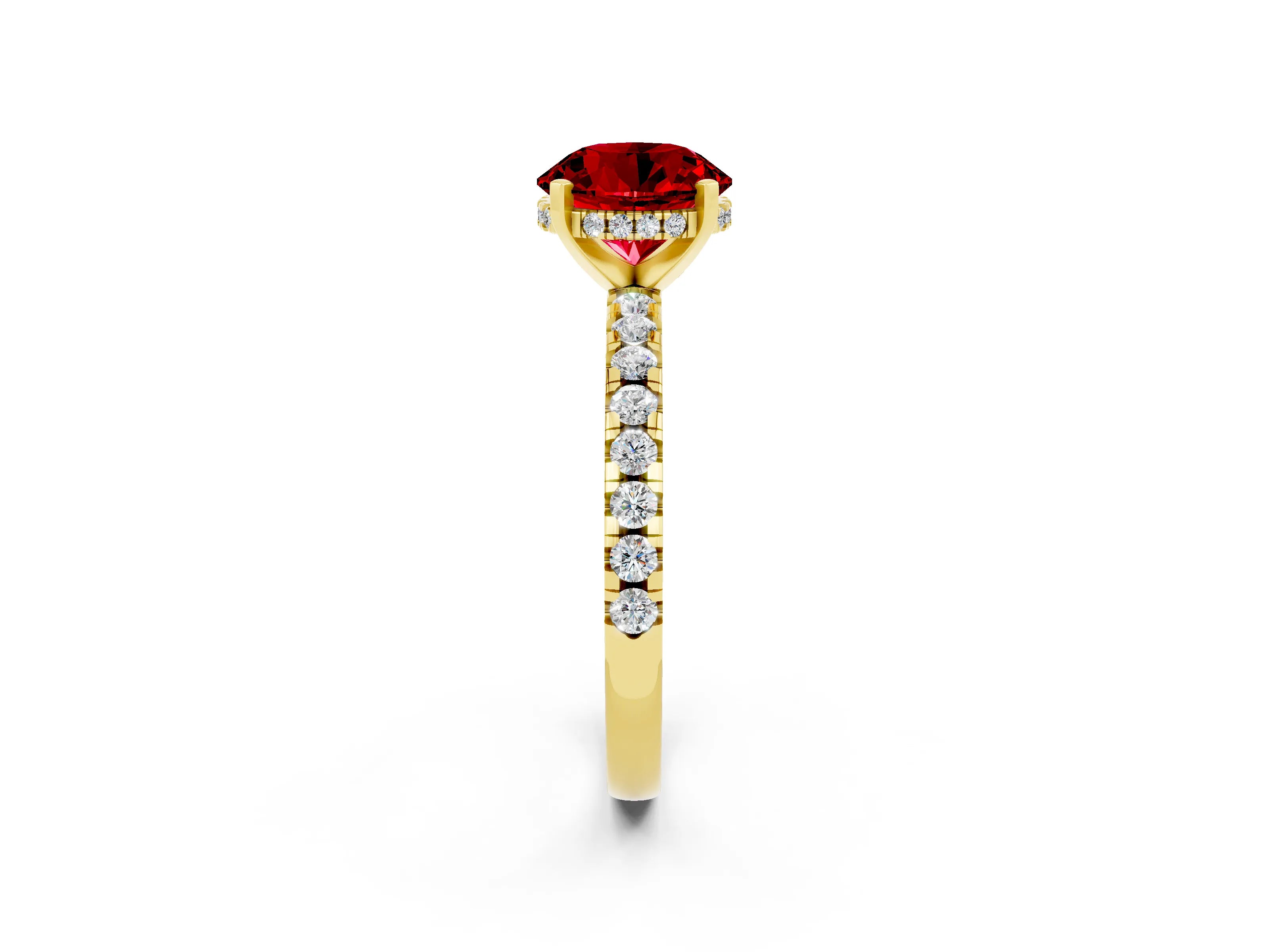 Yellow gold Round Cut Ruby Solitaire Ring with Pavé Band and Four-Prong Setting_14