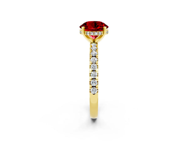 Yellow gold Round Cut Ruby Solitaire Ring with Round  Pavé Band and Four-Prong Setting