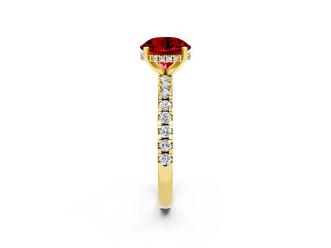 Yellow gold Round Cut Ruby Solitaire Ring with Pavé Band and Four-Prong Setting_14