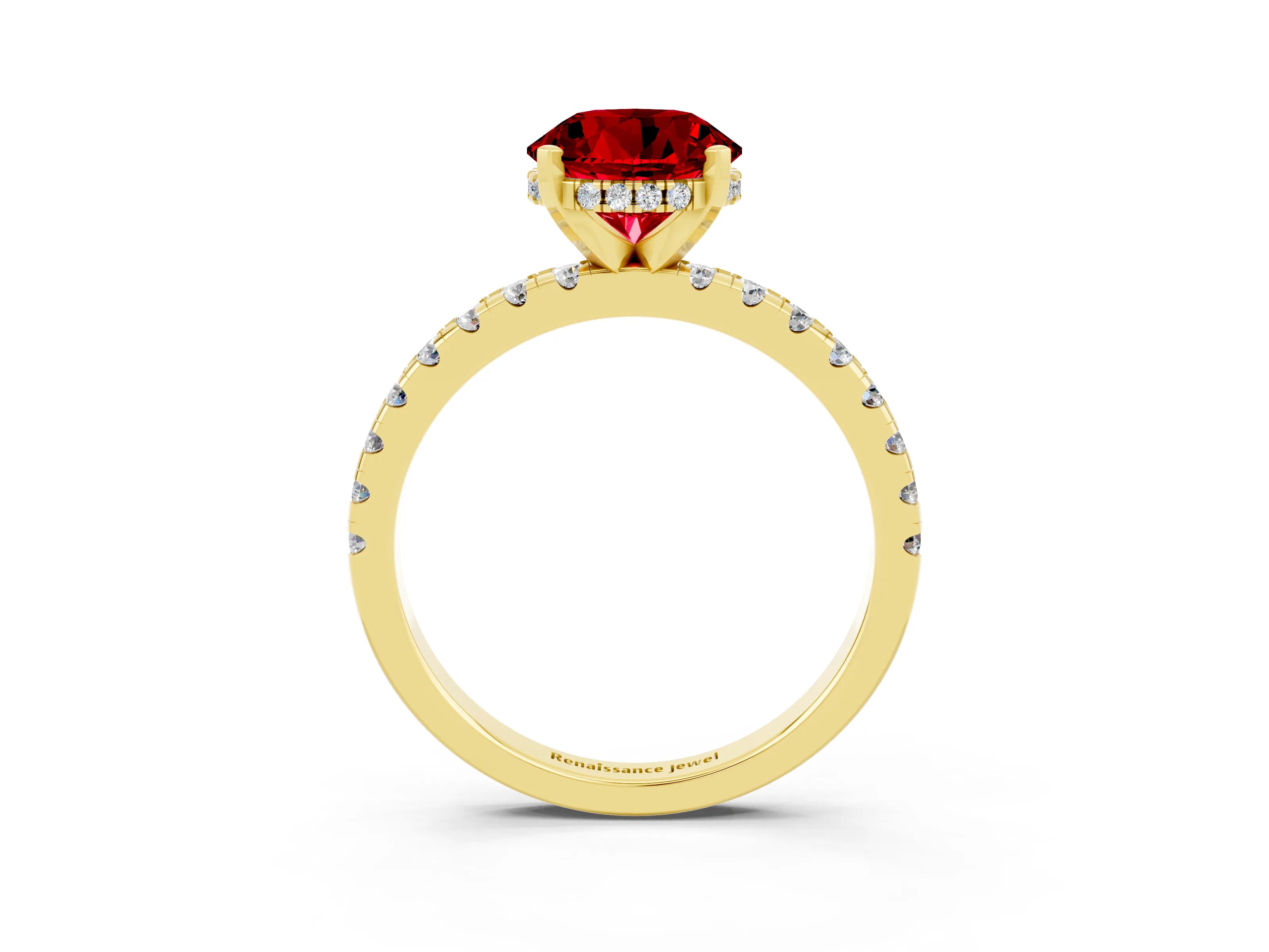 Yellow gold Round Cut Ruby Solitaire Ring with Pavé Band and Four-Prong Setting_15