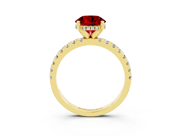 Yellow gold Round Cut Ruby Solitaire Ring with Round  Pavé Band and Four-Prong Setting