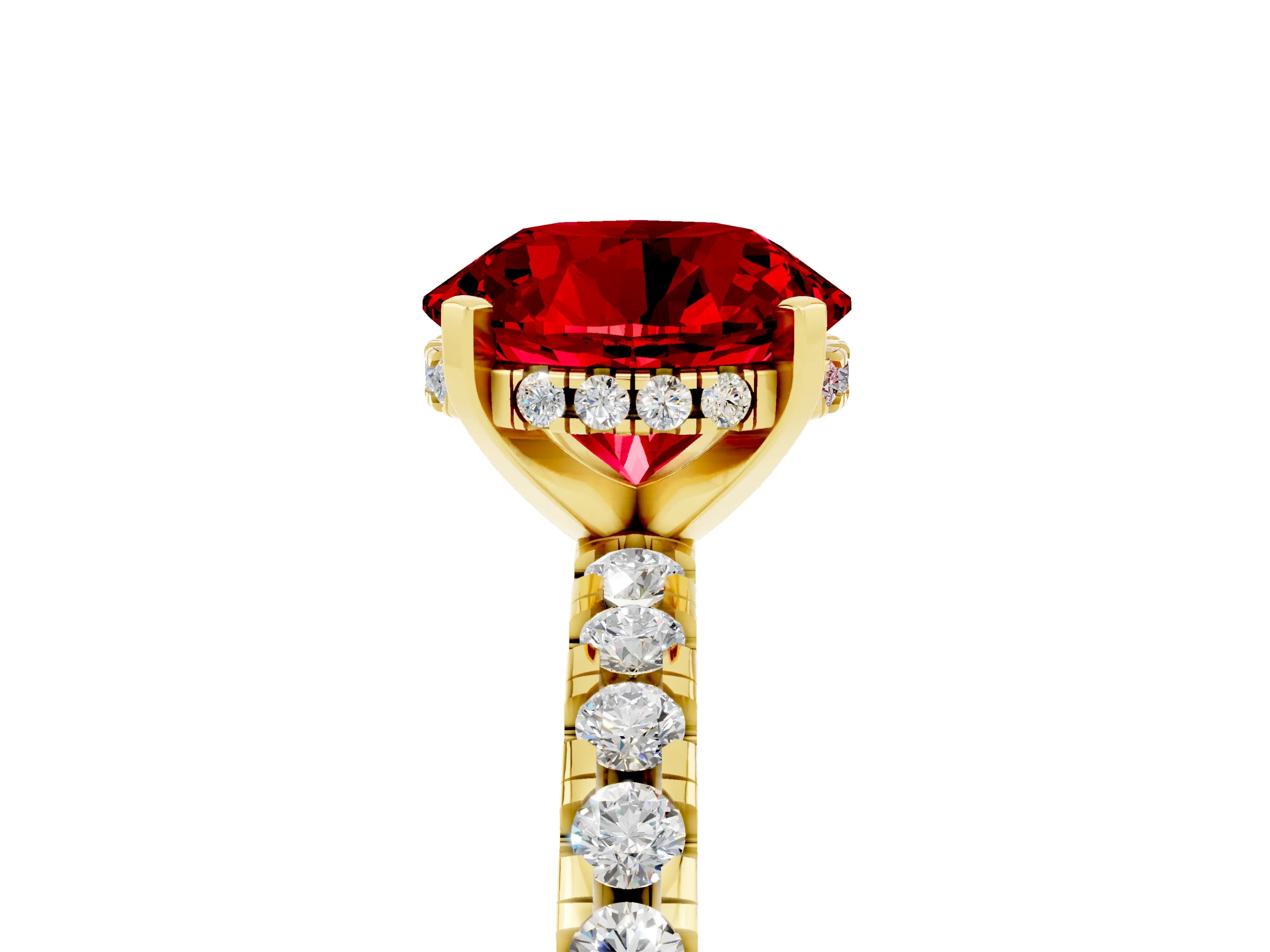 Yellow gold Round Cut Ruby Solitaire Ring with Pavé Band and Four-Prong Setting_17