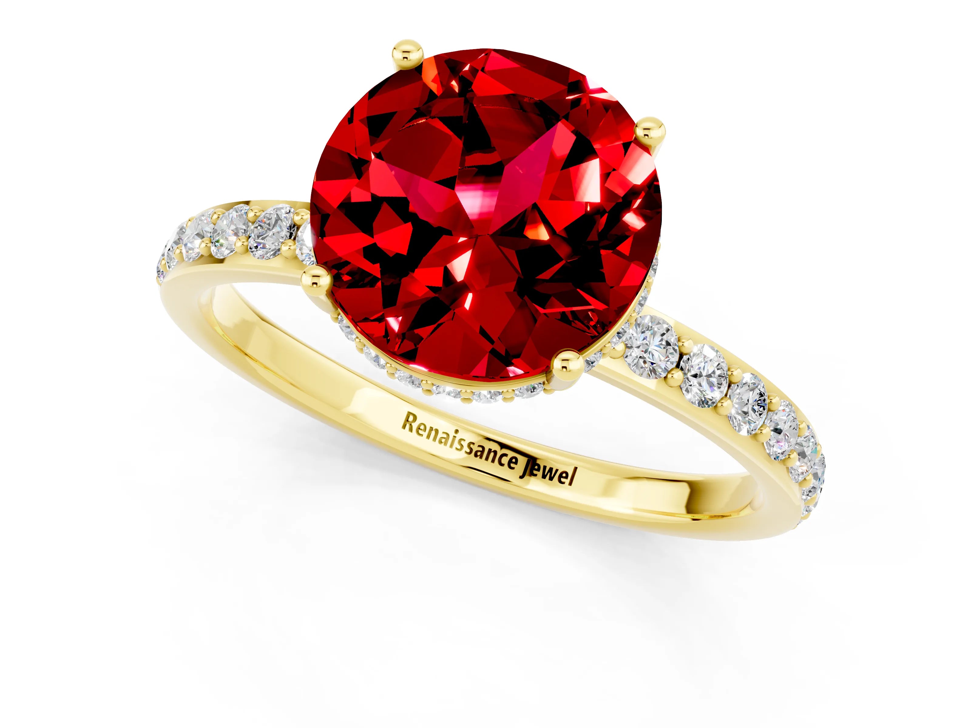 Yellow gold Round Cut Ruby Solitaire Ring with Pavé Band and Hidden Halo_13