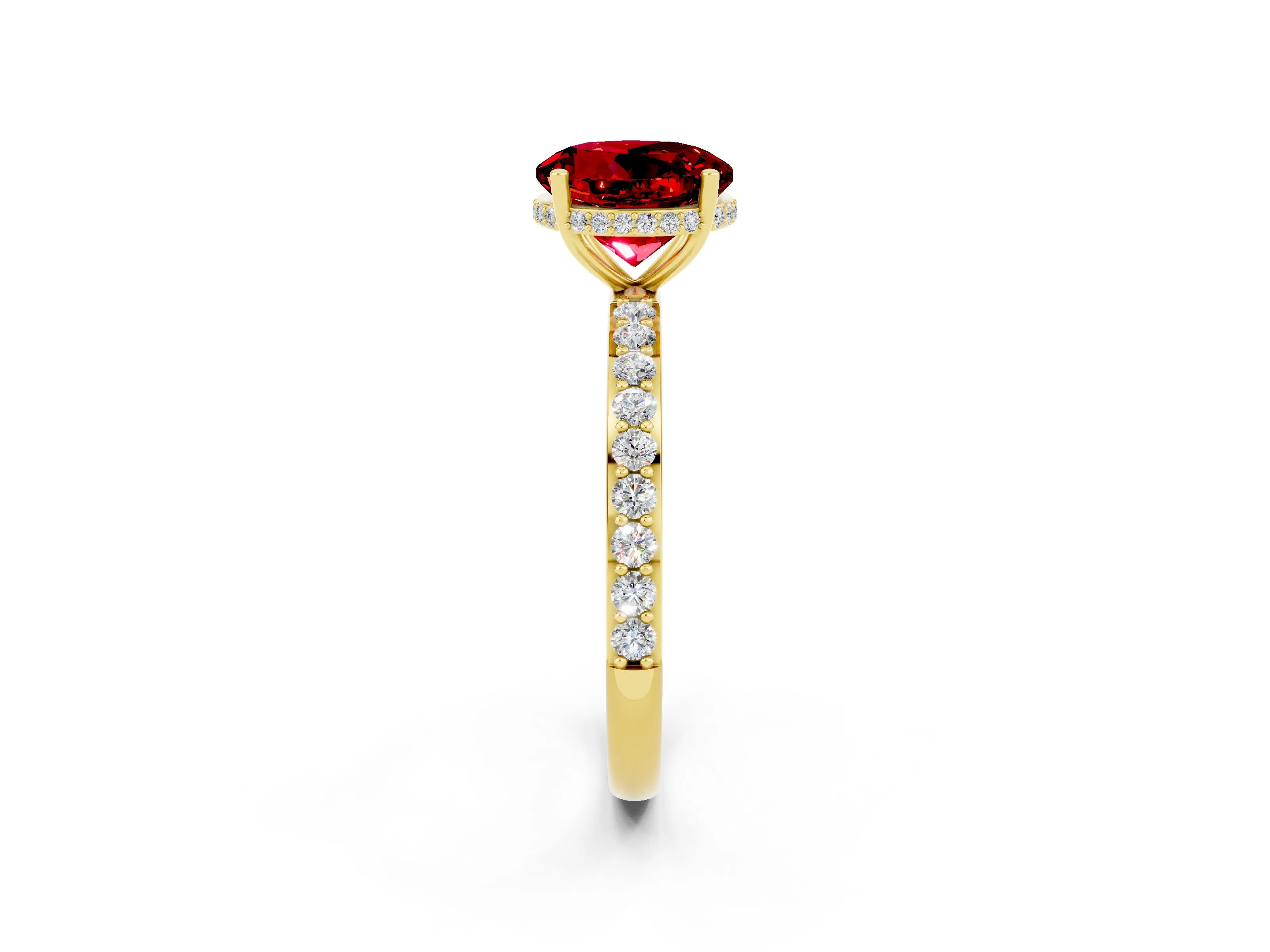 Yellow gold Round Cut Ruby Solitaire Ring with Pavé Band and Hidden Halo_14