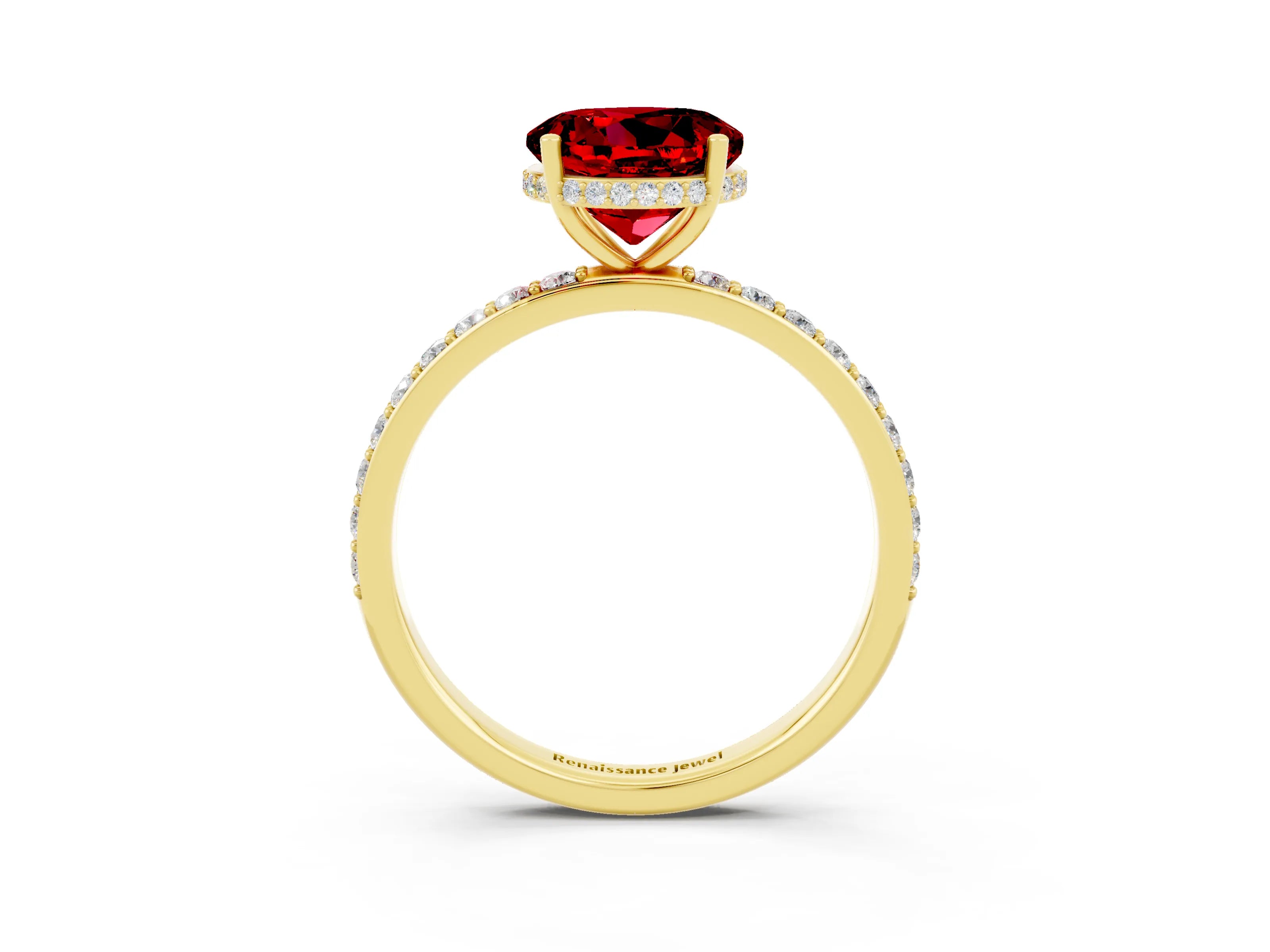 Yellow gold Round Cut Ruby Solitaire Ring with Pavé Band and Hidden Halo_15