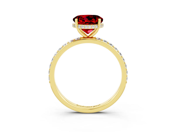 Yellow gold Round Cut Ruby Solitaire Ring with Pavé Band and Hidden Halo