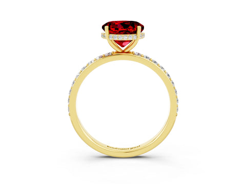 Yellow gold Round Cut Ruby Solitaire Ring with Pavé Band and Hidden Halo_15